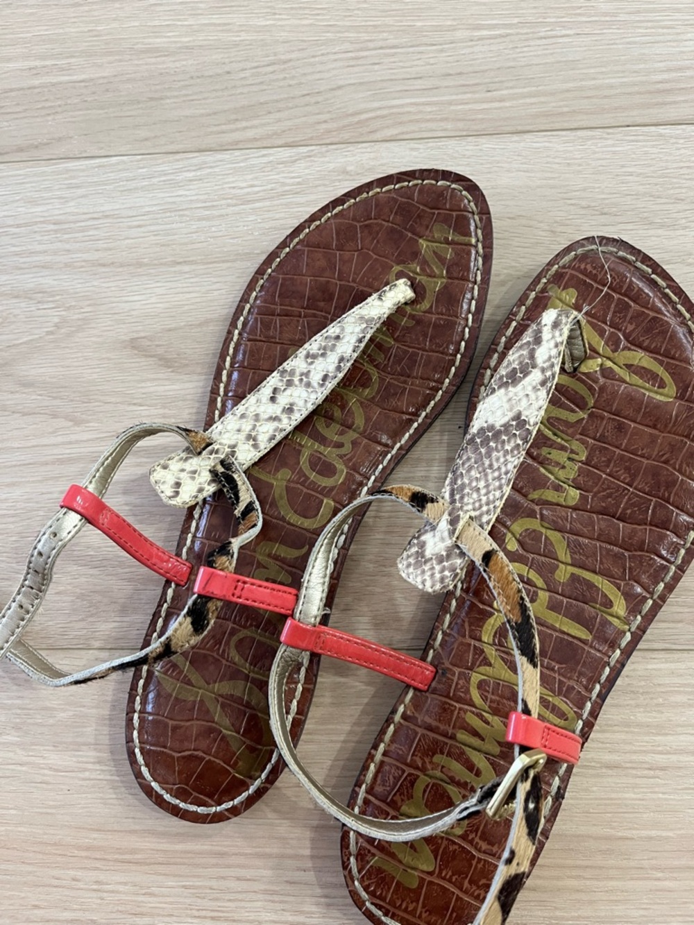 Sam Edelman Brown Faux-Croc Sandals with Red Strap - Picture 1 of 1